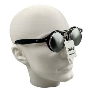 OWL Flip Up Steampunk Sunglasses 8561A Black Silver Mirror Round Dual Lens